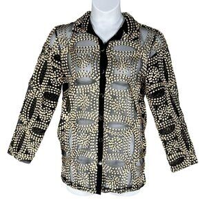 Chicos Travelers Collection 2/ L Black Sheer Gold Needle Stitch Button Up Jacket